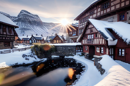Sunset in Hallstatt village, Austria. Beautiful winter scene.ai generated computer graphics. 3d rendering.の素材