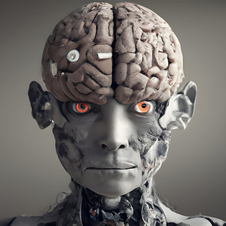 artificial intelligence. Portrait of a young man with a brain.ai generated computer graphics. 3d rendering.の素材