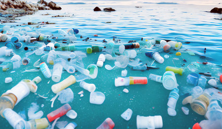 Plastic waste floats in the sea. Plastic further breaks down into smaller pieces of plastic. Pollution concept. - generative AI illustrationの素材