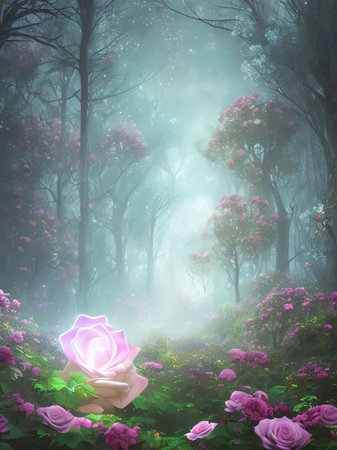 pink roses in the foggy forest, 3d render illustration - generative ai illustration.の素材