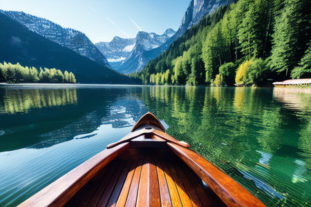 Beautiful alpine lake with crystal clear water and wooden boat in foregroundの素材