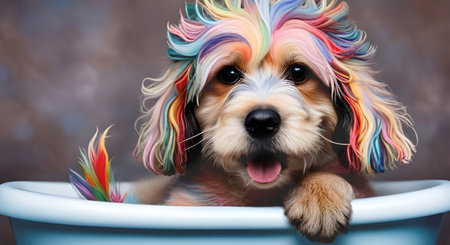 Cute dog in a bath with colorful hair on a dark backgroundの素材