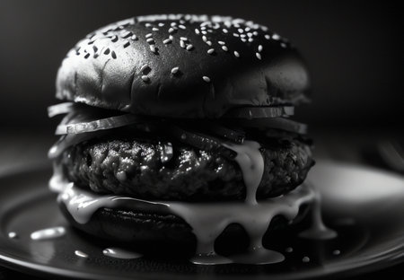 Black and white photo of tasty hamburger with sauce on black plate. illustration generative aiの素材