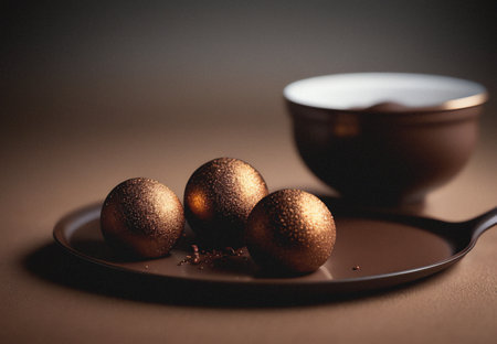 Chocolate truffles on a dark background. Chocolate candies.の写真素材