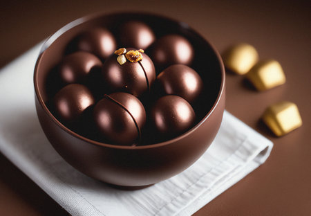 Chocolate truffles on a plate on a dark background.の写真素材