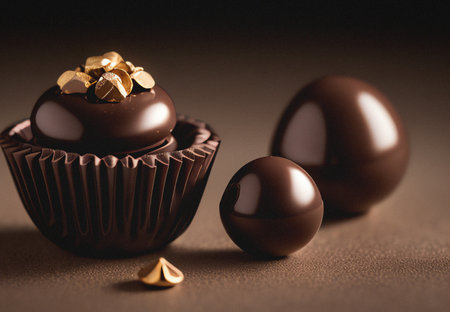 Chocolate candies with golden decoration on brown background, closeupの写真素材