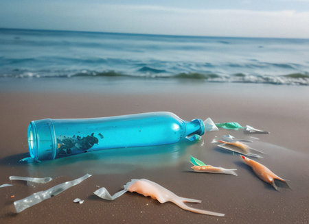 Plastic bottle on the beach. Pollution of the environment.