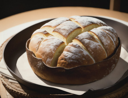 Closeup of a round loaf of bread on a plate in a restaurantの素材