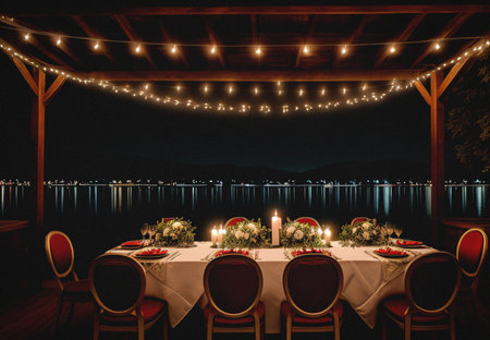 Wedding table setting on the lake at night with lights.の素材