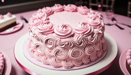Pink cake decorated with roses on a pink background. Shallow depth of field.の素材