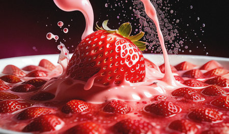 Strawberry splashing into a bowl with milk on black backgroundの素材
