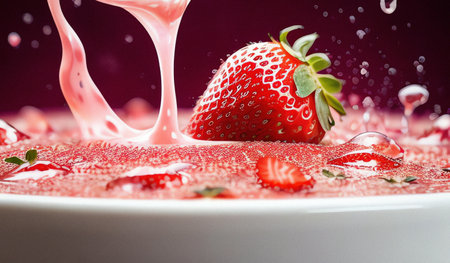 strawberry splashing into a bowl of milk, close upの素材
