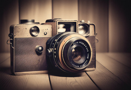 Vintage camera on a wooden background. Photo in old color image styleの素材