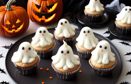 Halloween cupcakes with ghost and pumpkin on black background, closeupの素材