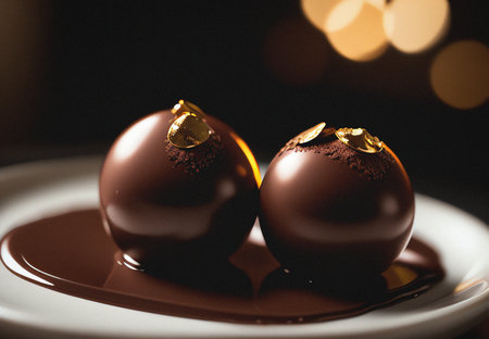 Chocolate truffles in chocolate sauce on a dark background.の写真素材