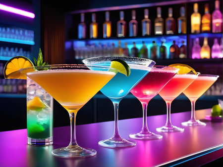 colorful cocktails on the bar counter in a nightclub. close-upの素材