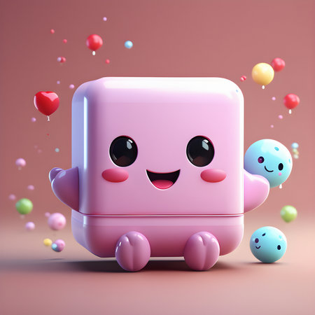 3d rendering of cute pink refrigerator with happy face and colorful balloonsの素材