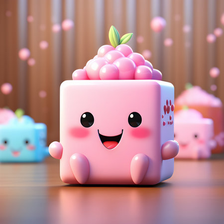 Cute pink cake character with eyes and teeth, 3d renderingの素材