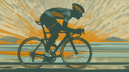 Cyclist on the sunset background. Vector illustration in retro styleの素材