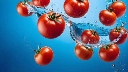 Fresh tomatoes falling into water with splash, isolated on blue background.の素材