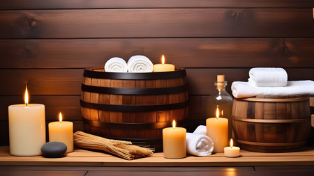 Spa composition with candles, towels and wooden barrels in saunaの素材