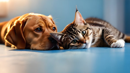Cute puppy and tabby cat lying together on floor at homeの素材