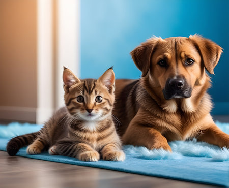 Cat and dog together at home on blue background. Pet care concept.の素材