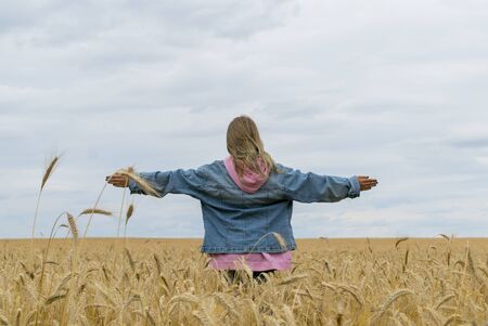 Little girl posing in a field of wheatの写真素材