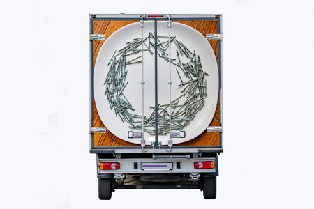 View of trucks in the back with a picture of the rivets on the doors