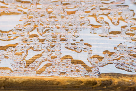 Fragment of a decorative Park bench in rainy weather