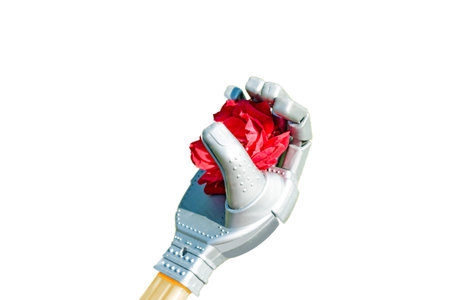 Toy robot hand on sky background