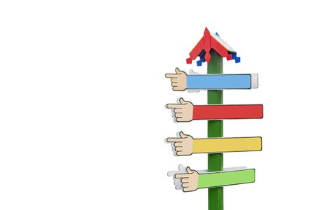 Signs of pointers in different directions in the form of a hand on a decorative backgroundの写真素材