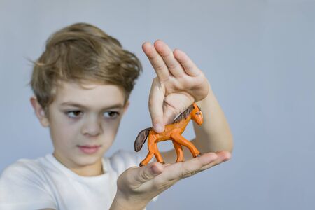 A small boy shows a plasticine figure made. On light backgroundの写真素材