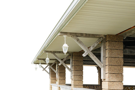 Fragment of a new verandah with lanterns in a city Park on a white background