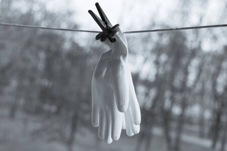 White protective gloves hang on a ropeの写真素材