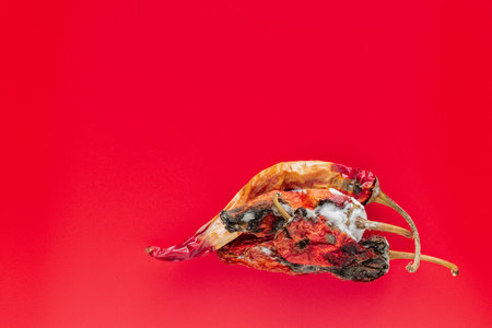 Rotten bitter pepper on a red background