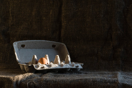 A paper tray of eggs with one egg on a background of burlap