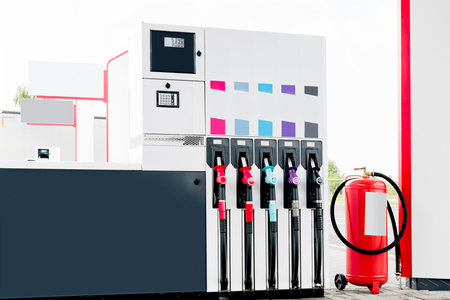 Fuel pistols of different colors close up at a gas station