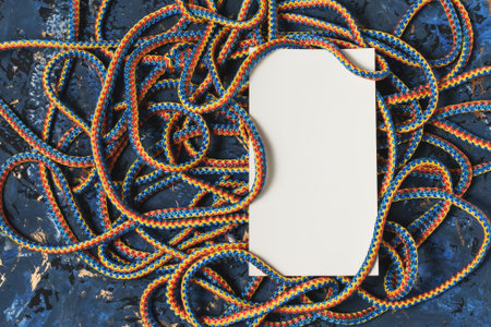 Nylon rope and white blank sheet for writing on a decorative wooden background of dark blue color