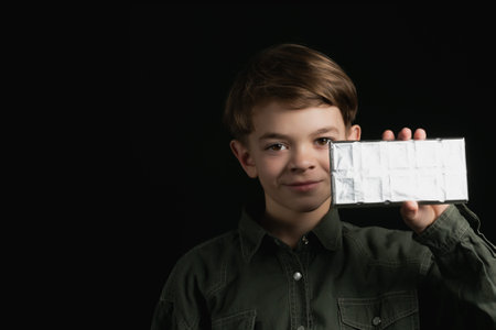 a little boy holds a chocolate bar in foil on a dark backgroundの写真素材