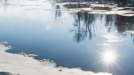 Spring melting of ice and snow on the river on a sunny day