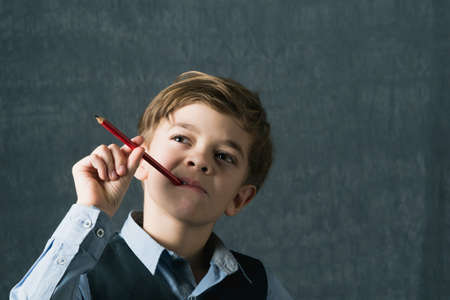 A little boy with brown eyes in a shirt poses for the camera. And I was thinking about somethingの写真素材