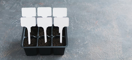 Form for seedlings of various crops with white plates on a decorative background