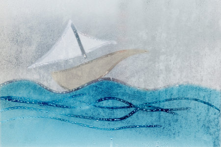 A painted boat with sea waves on a fogged window