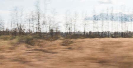A blurry image of a wetland area next to a road taken from a carの写真素材