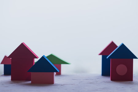 Collage of geometric shapes made of foam rubber in the form of a houseの写真素材