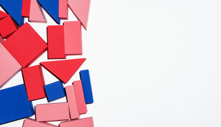 Collage of geometric shapes made of foam rubber in different colorsの写真素材