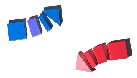 Collage of geometric shapes made of foam rubber in different colors in the form of arrows