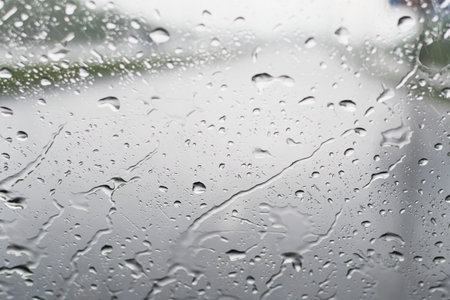 Raindrops of water on the windshield while driving around the city