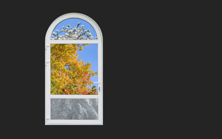 Plastic door with white arch on a dark background